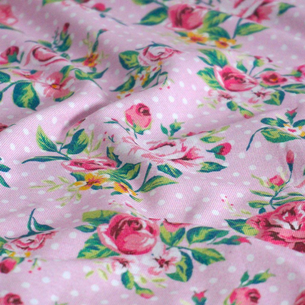 Baumwolljersey Rosenzweige Pünktchen rosa – FVJ